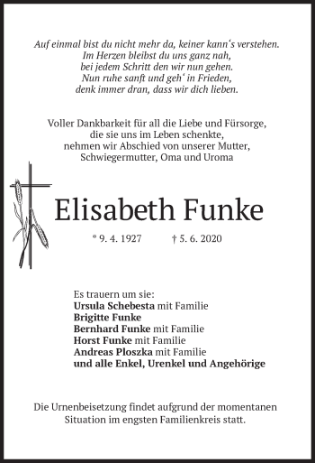 Traueranzeige von Elisabeth Funke von merkurtz