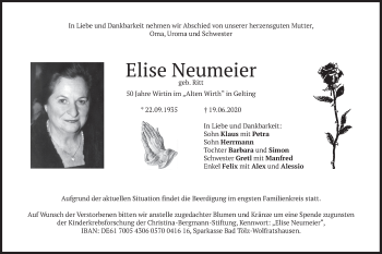 Traueranzeige von Elise Neumeier von merkurtz