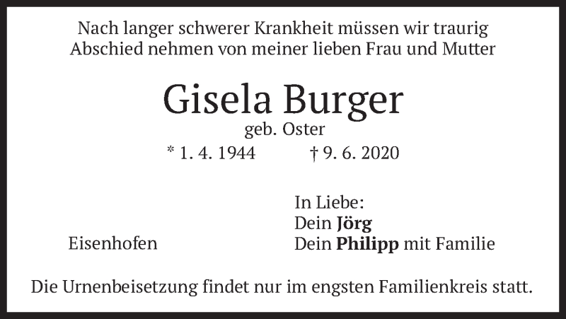  Traueranzeige für Gisela Burger vom 12.06.2020 aus merkurtz