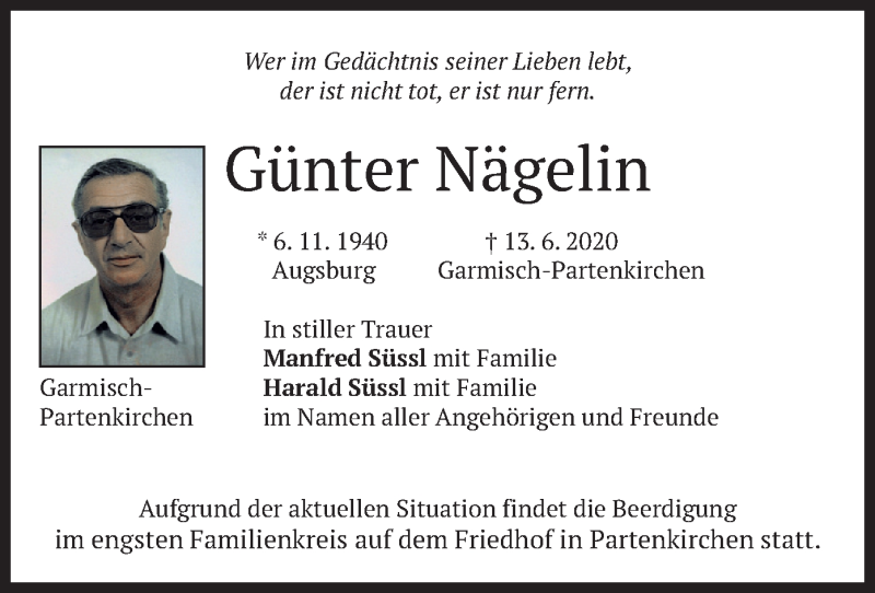  Traueranzeige für Günter Nägelin vom 20.06.2020 aus merkurtz