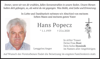 Traueranzeige von Hans Popecz von merkurtz