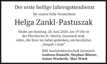 Traueranzeige von Helga Zankl-Pastuszak von merkurtz