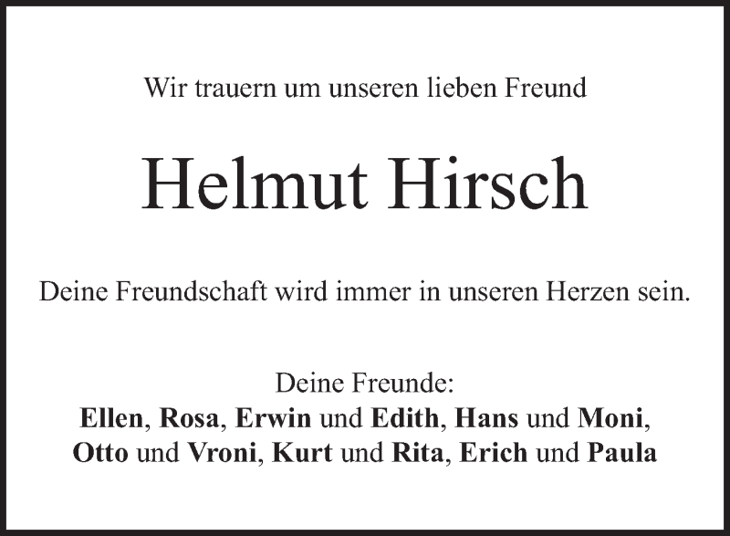 Traueranzeigen von Helmut Hirsch trauer.merkur.de