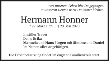 Traueranzeige von Hermann Honner von merkurtz