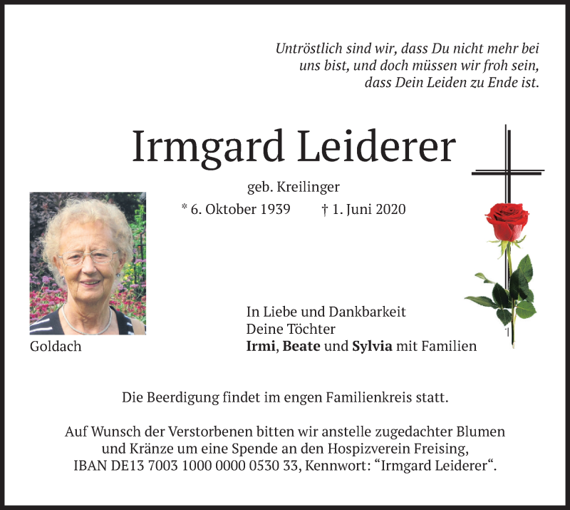  Traueranzeige für Irmgard Leiderer vom 03.06.2020 aus merkurtz