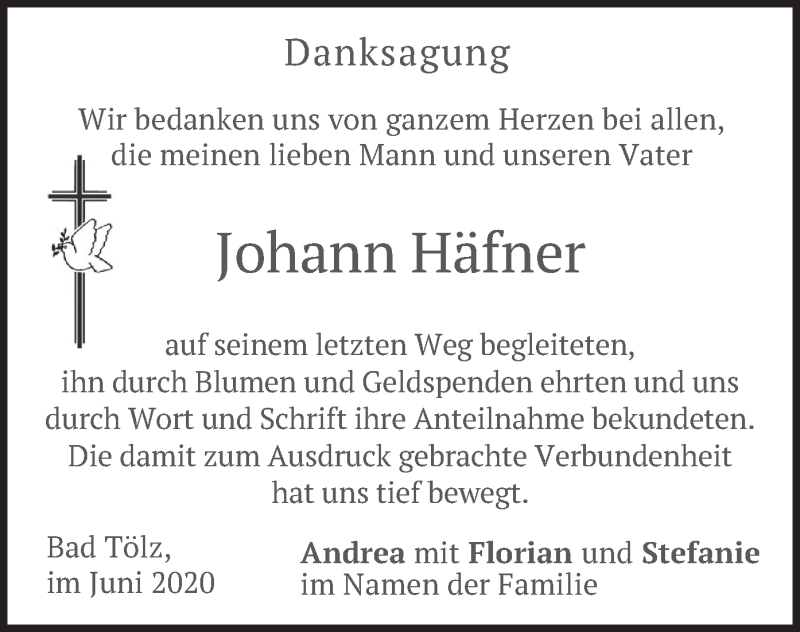  Traueranzeige für Johann Häfner vom 27.06.2020 aus merkurtz
