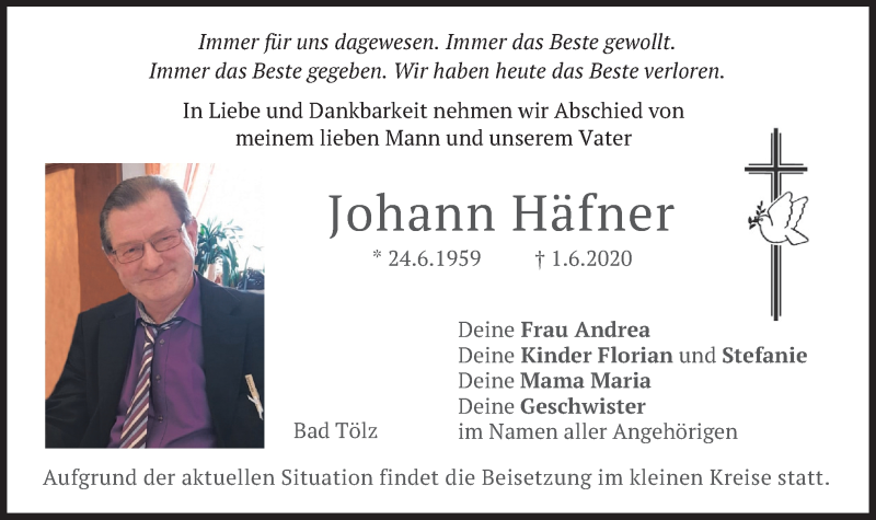  Traueranzeige für Johann Häfner vom 17.06.2020 aus merkurtz