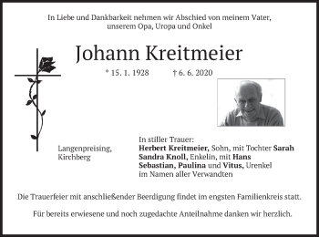 Traueranzeige von Johann Kreitmeier von merkurtz