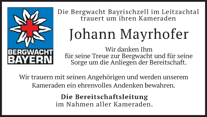  Traueranzeige für Johann Mayrhofer vom 06.06.2020 aus merkurtz