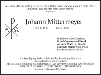 Traueranzeige von Johann Mittermeyer von merkurtz