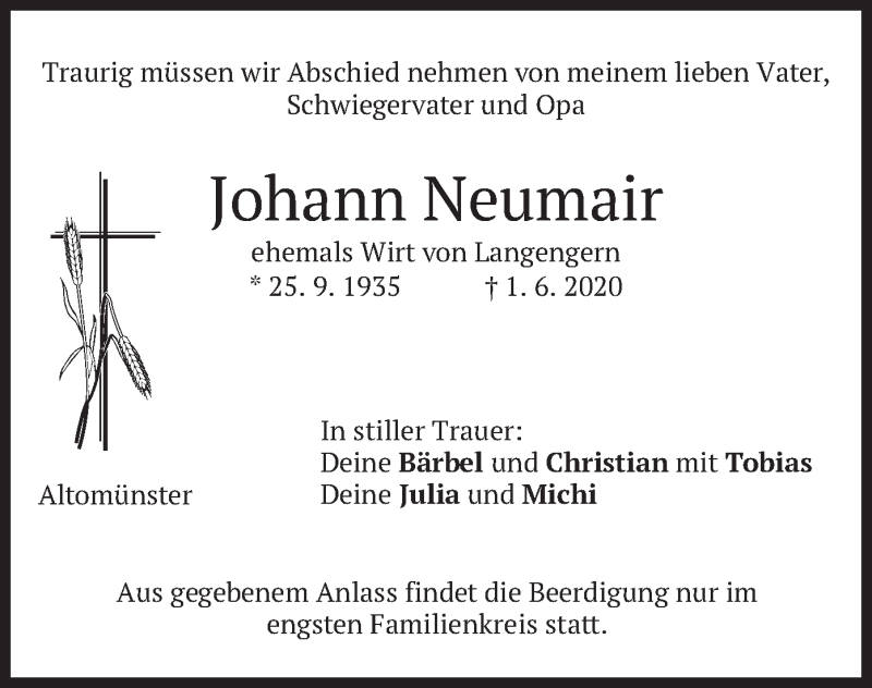  Traueranzeige für Johann Neumair vom 03.06.2020 aus merkurtz