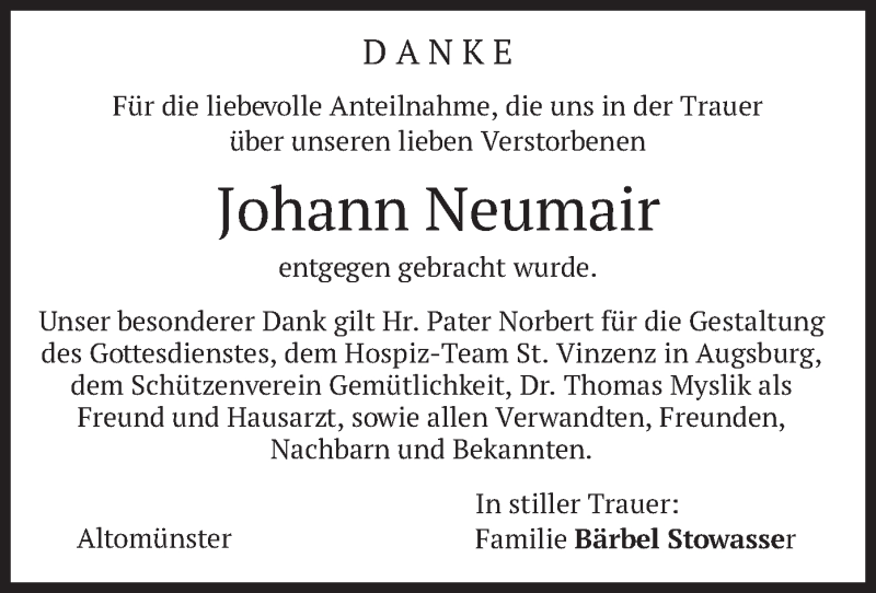  Traueranzeige für Johann Neumair vom 13.06.2020 aus merkurtz