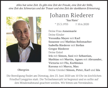 Traueranzeige von Johann Riederer von merkurtz