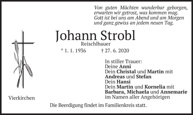  Traueranzeige für Johann Strobl vom 30.06.2020 aus merkurtz
