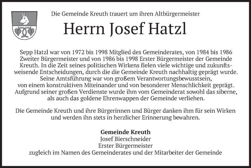  Traueranzeige für Josef Hatzl vom 03.06.2020 aus merkurtz
