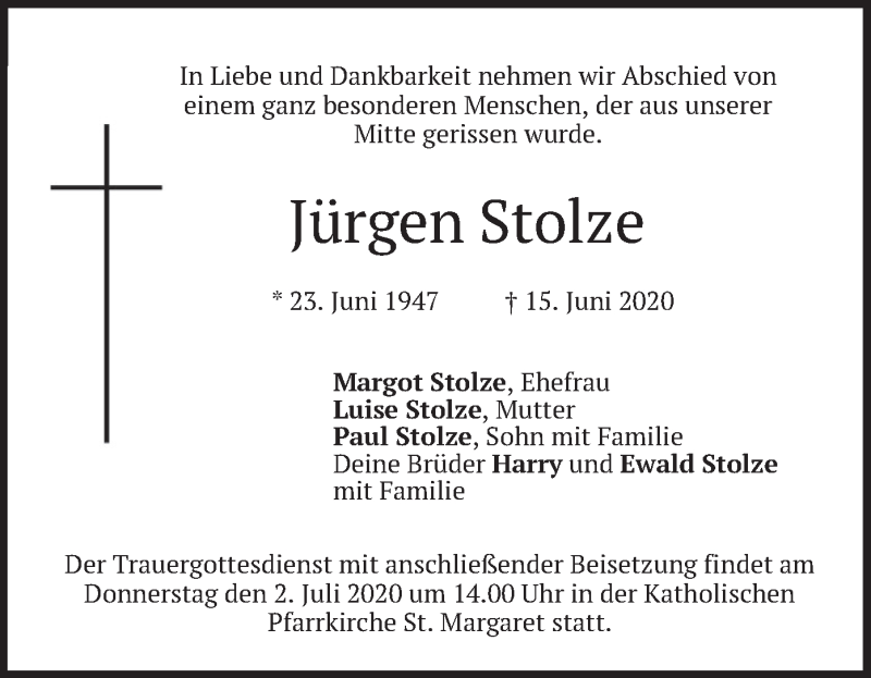  Traueranzeige für Jürgen Stolze vom 30.06.2020 aus merkurtz