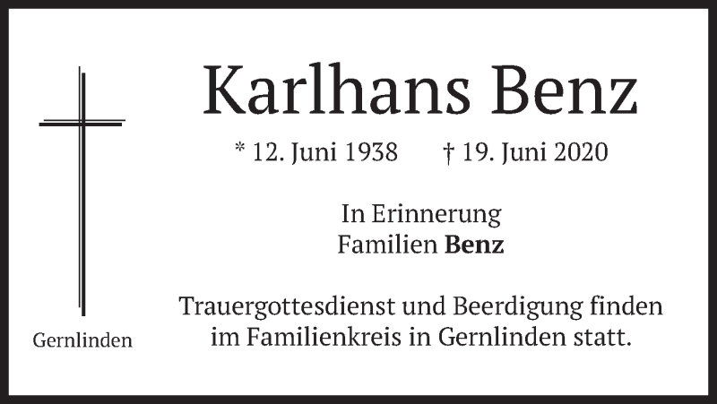  Traueranzeige für Karlhans Benz vom 24.06.2020 aus merkurtz