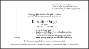 Traueranzeige von Karoline Vogt von merkurtz
