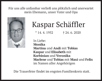 Traueranzeige von Kaspar Schäffler von merkurtz