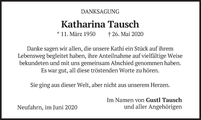 Traueranzeige für Katharina Tausch vom 13.06.2020 aus merkurtz