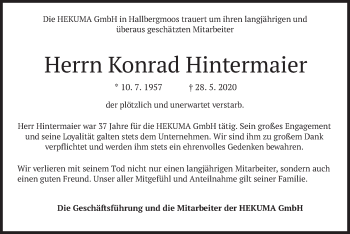 Traueranzeige von Konrad Hintermaier von merkurtz