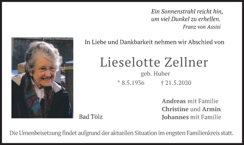  Traueranzeige für Lieselotte Zellner vom 06.06.2020 aus merkurtz