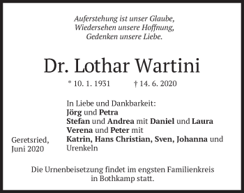 Traueranzeige von Lothar Wartini von merkurtz