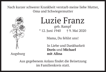 Traueranzeige von Luzie Franz von merkurtz