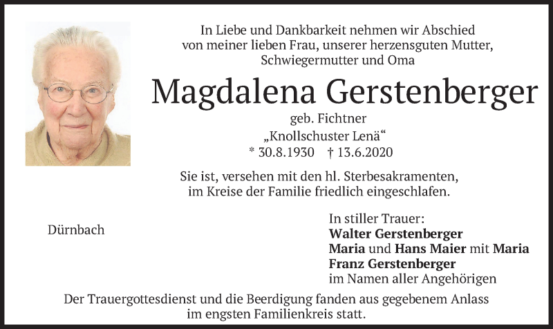 Traueranzeigen von Magdalena Gerstenberger | trauer.merkur.de