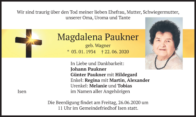  Traueranzeige für Magdalena Paukner vom 24.06.2020 aus merkurtz