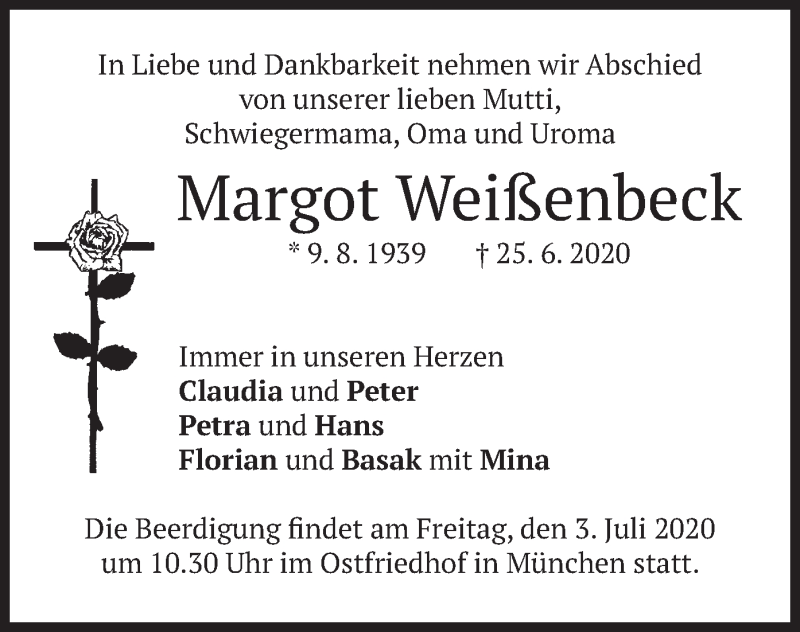  Traueranzeige für Margot Weißenbeck vom 30.06.2020 aus merkurtz