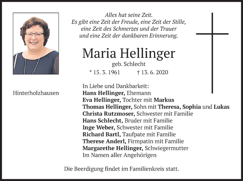  Traueranzeige für Maria Hellinger vom 16.06.2020 aus merkurtz