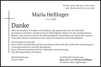 Traueranzeige von Maria Hellinger von merkurtz
