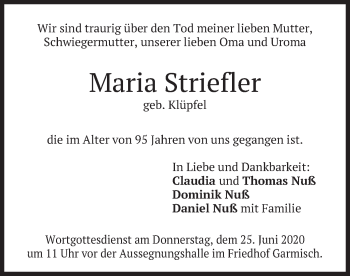 Traueranzeige von Maria Striefler von merkurtz
