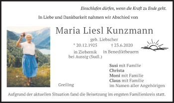 Traueranzeige von Maria Liesl Kunzmann von merkurtz