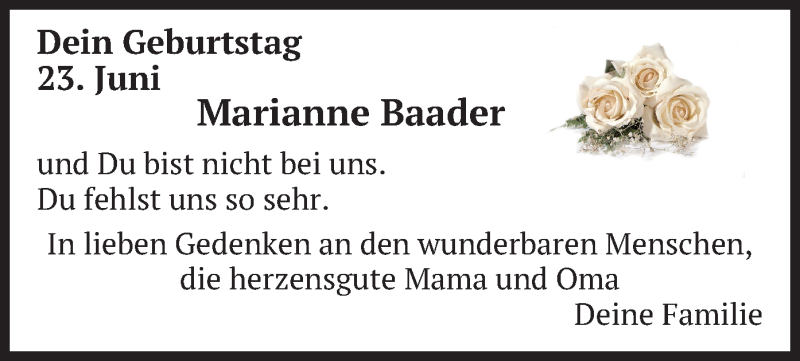 Traueranzeige für Marianne Baader vom 23.06.2020 aus merkurtz