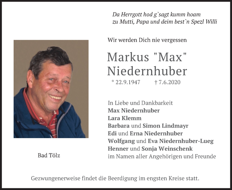 Traueranzeige für Markus Niedernhuber vom 12.06.2020 aus merkurtz