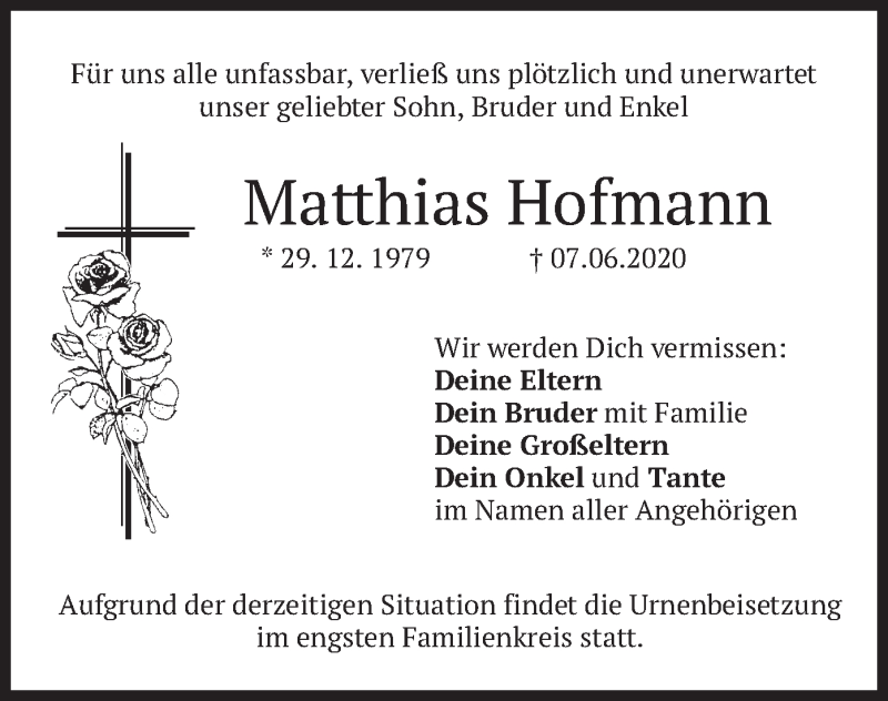  Traueranzeige für Matthias Hofmann vom 20.06.2020 aus merkurtz