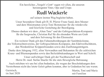 Traueranzeige von Rudl Wackerle von merkurtz