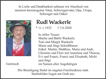 Traueranzeige von Rudl Wackerle von merkurtz