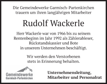 Traueranzeige von Rudolf Wackerle von merkurtz