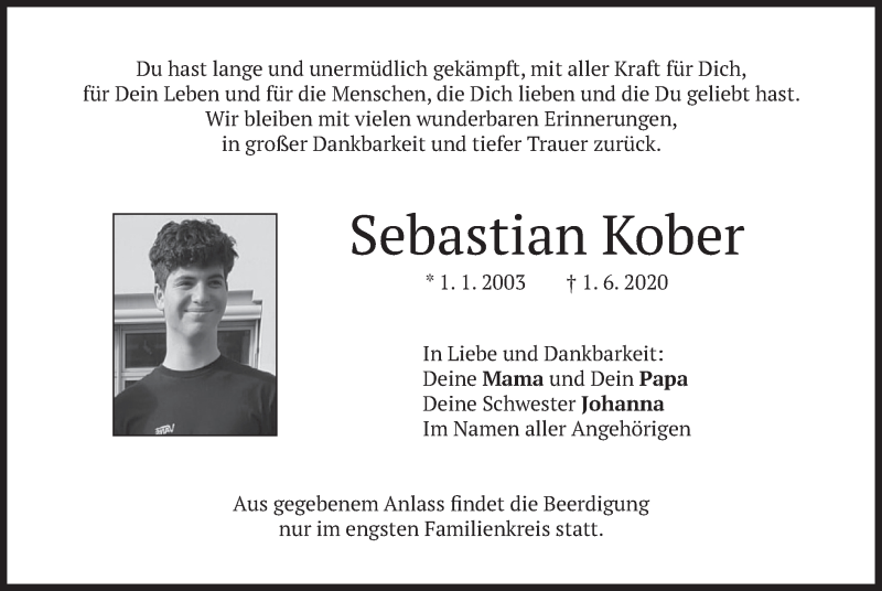  Traueranzeige für Sebastian Kober vom 03.06.2020 aus merkurtz