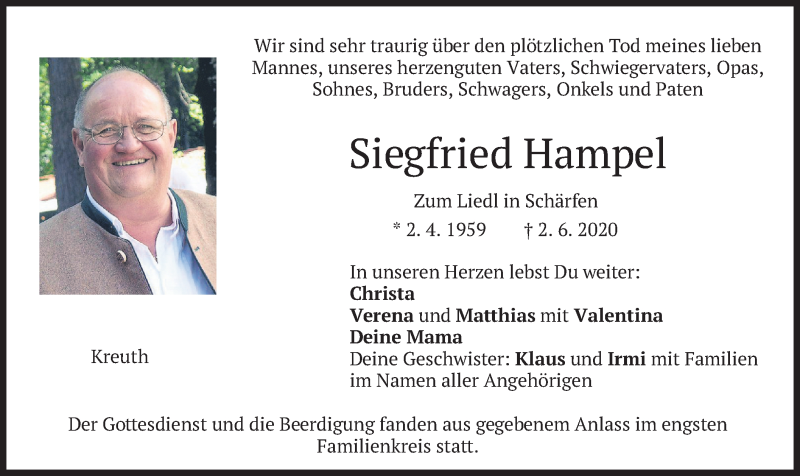  Traueranzeige für Siegfried Hampel vom 13.06.2020 aus merkurtz