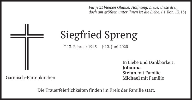  Traueranzeige für Siegfried Spreng vom 17.06.2020 aus merkurtz