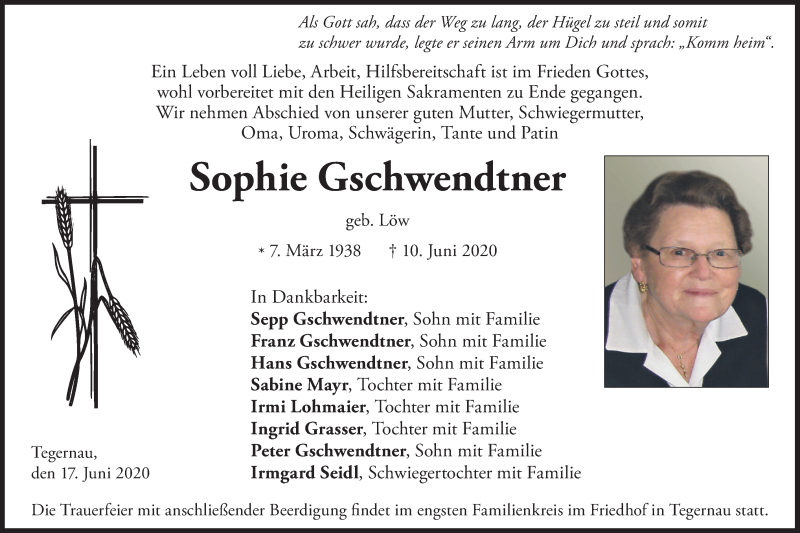 Traueranzeigen von Sophie Gschwendtner | trauer.merkur.de