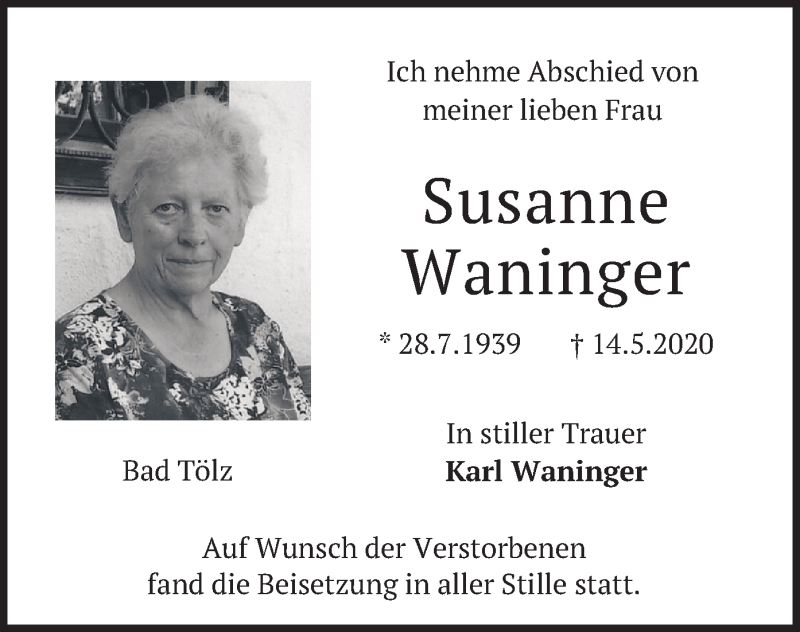  Traueranzeige für Susanne Waninger vom 06.06.2020 aus merkurtz
