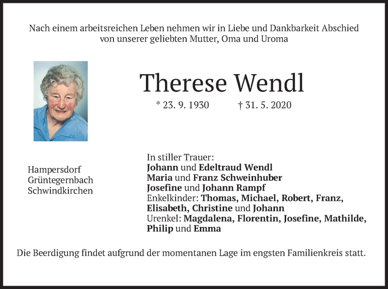  Traueranzeige für Therese Wendl vom 03.06.2020 aus merkurtz