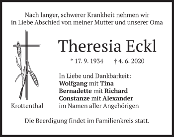 Traueranzeige von Theresia Eckl von merkurtz