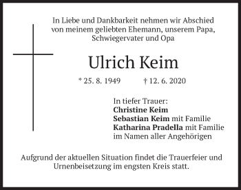 Traueranzeige von Ulrich Keim von merkurtz