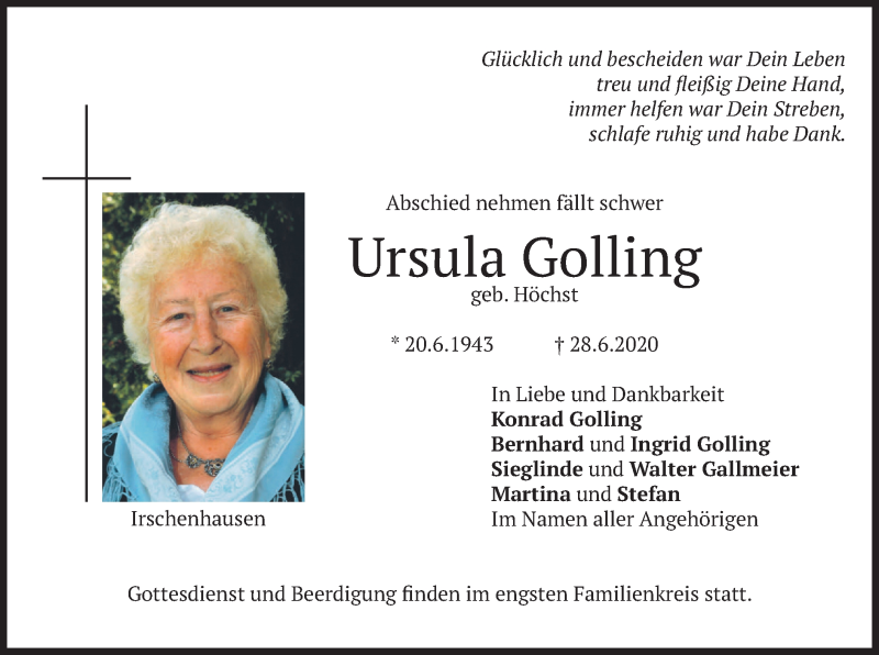  Traueranzeige für Ursula Golling vom 30.06.2020 aus merkurtz